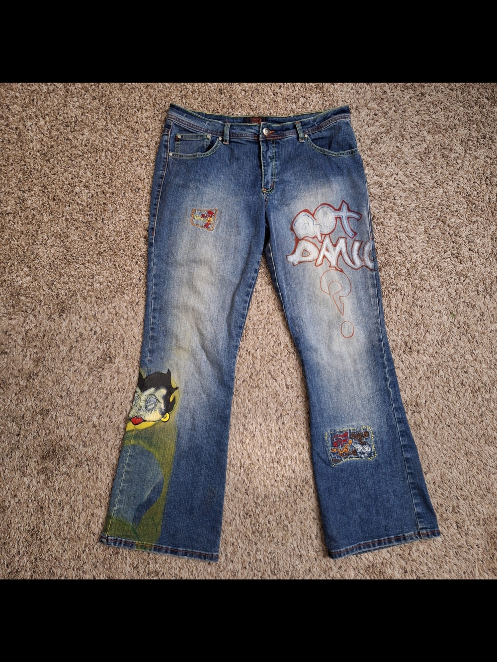 Crest Jeans Y2K Upcycled Hand Painted Betty Boop Wide Leg Flare Jeans 15/16